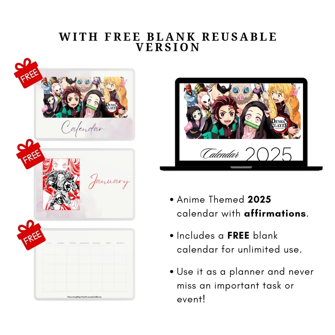 Anime Digital Printable Instant Download 2025 Calendar With FREE Blank Reusable Schedule Organizer For Unlimited Use Money Saver With Quotes Etsy