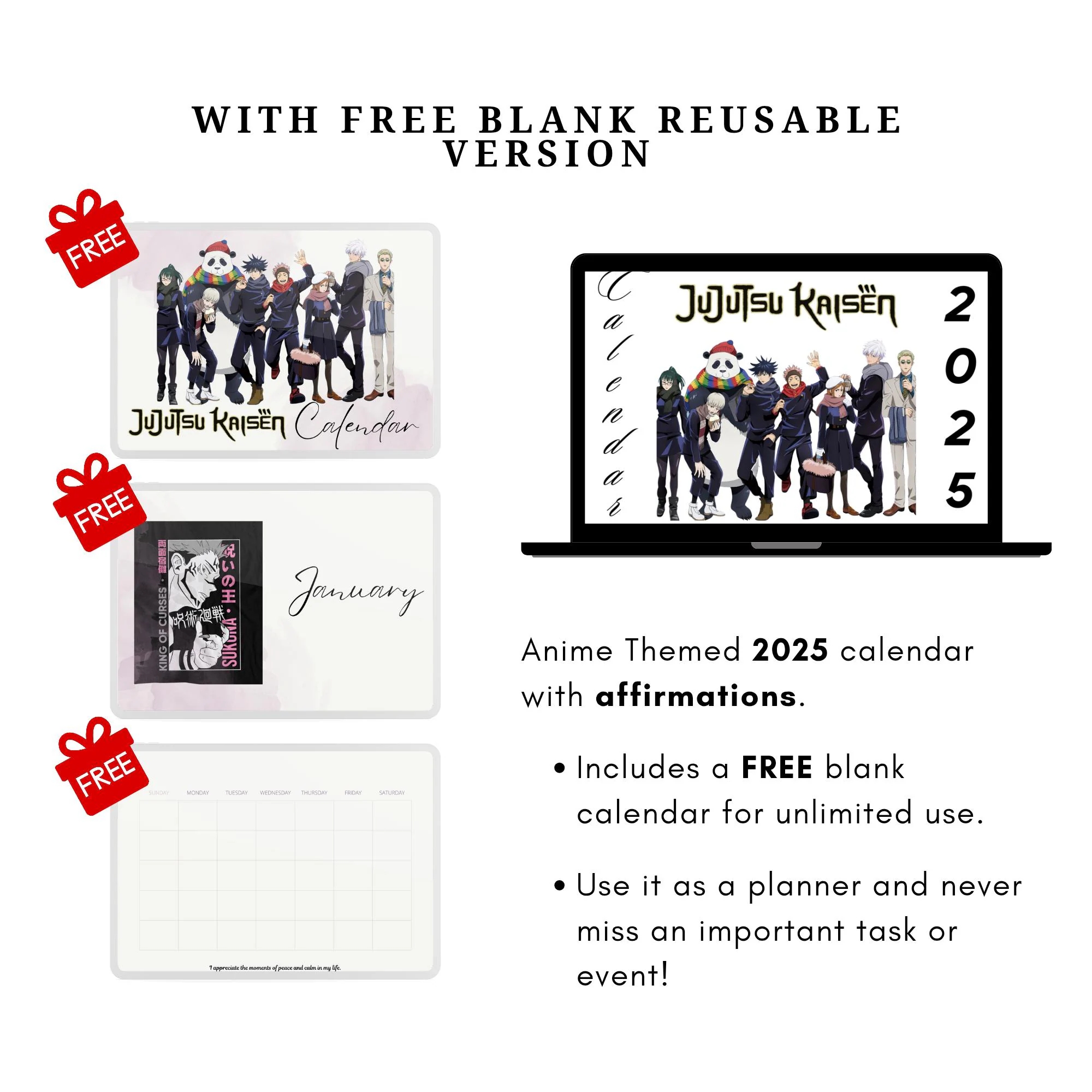 Anime Digital Printable Instant Download 2025 Calendar With FREE Blank Reusable Schedule Organizer For Unlimited Use Money Saver With Quotes Etsy