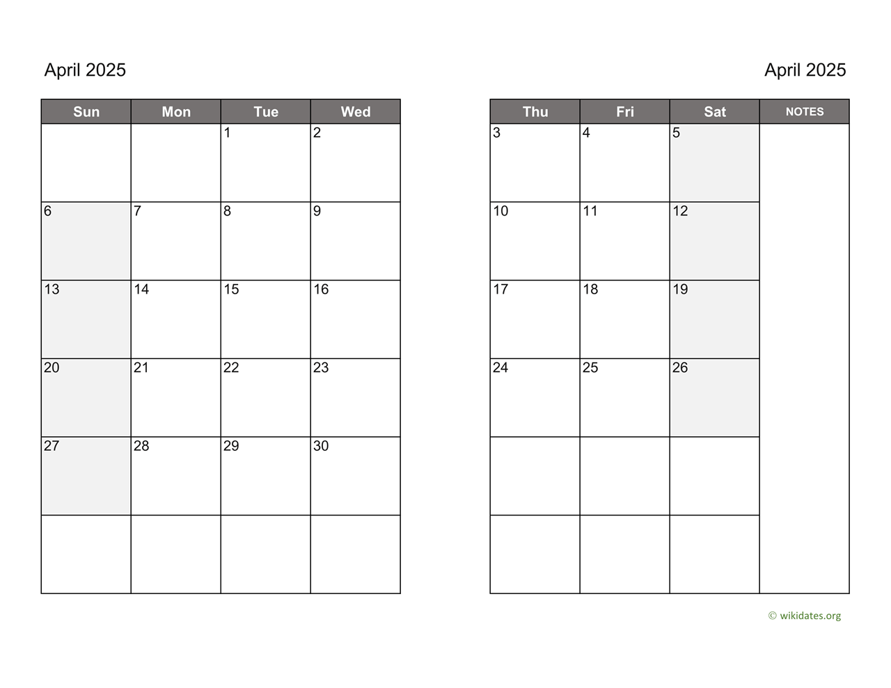 April 2025 Calendar On Two Pages WikiDates