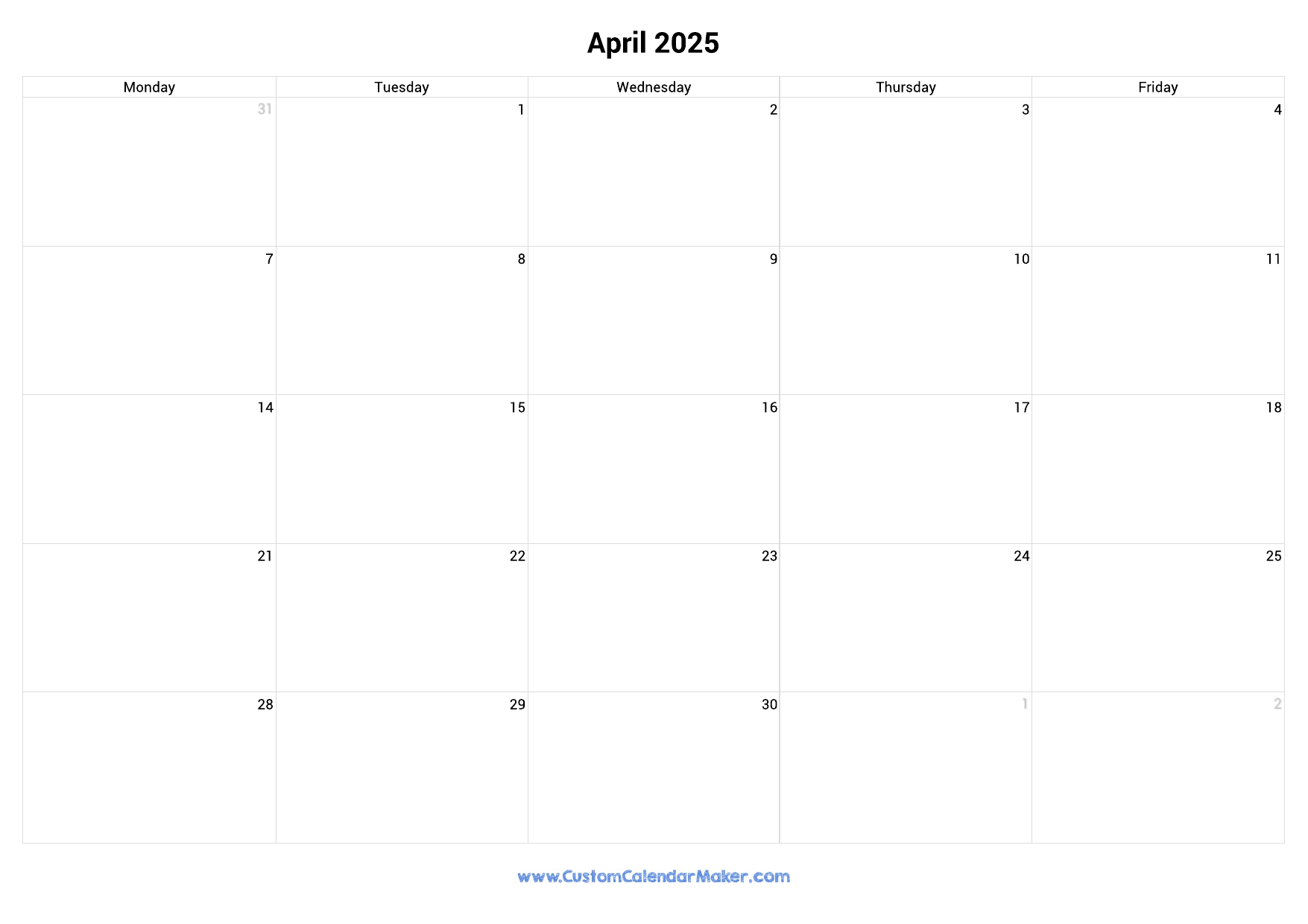 April 2025 Calendar Weekdays Only Monday To Friday Custom Calendar Maker