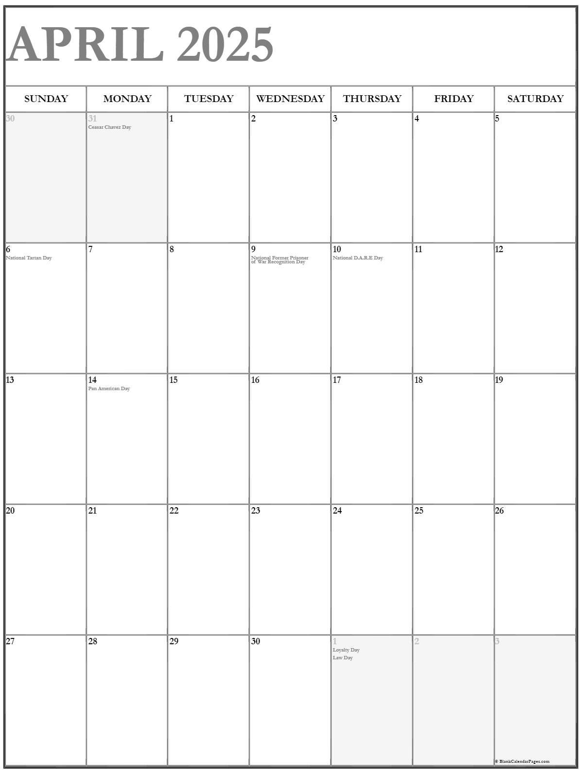 April 2025 Vertical Calendar Portrait