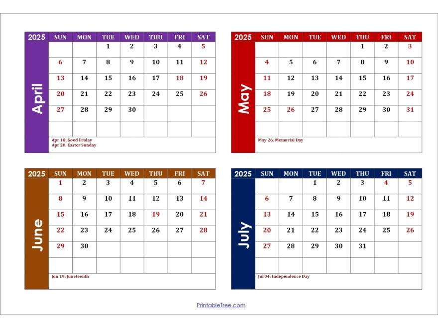 April To July 2025 Calendar Printable PDF Four Months Calendar