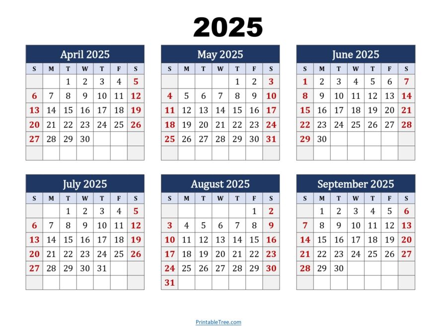 April To September 2025 Calendar Printable PDF Six Months Calendar