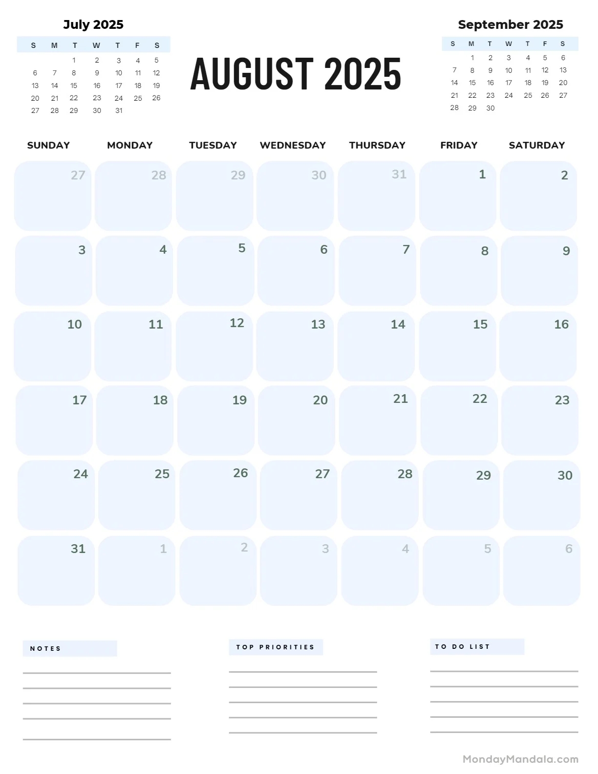August 2025 Blank Training Calendar