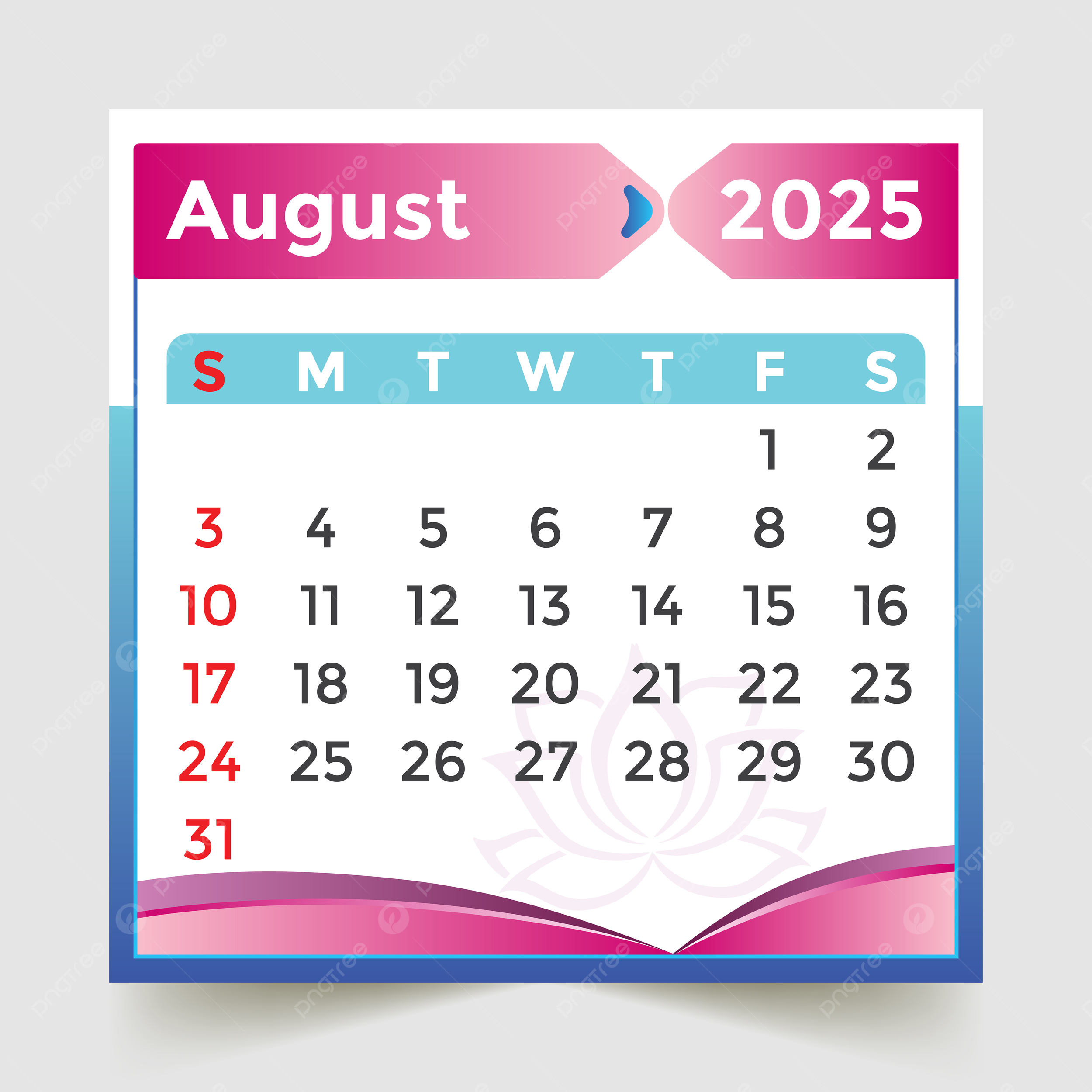 August 2025 Calendar Blue Pink Vector Template Download On Pngtree