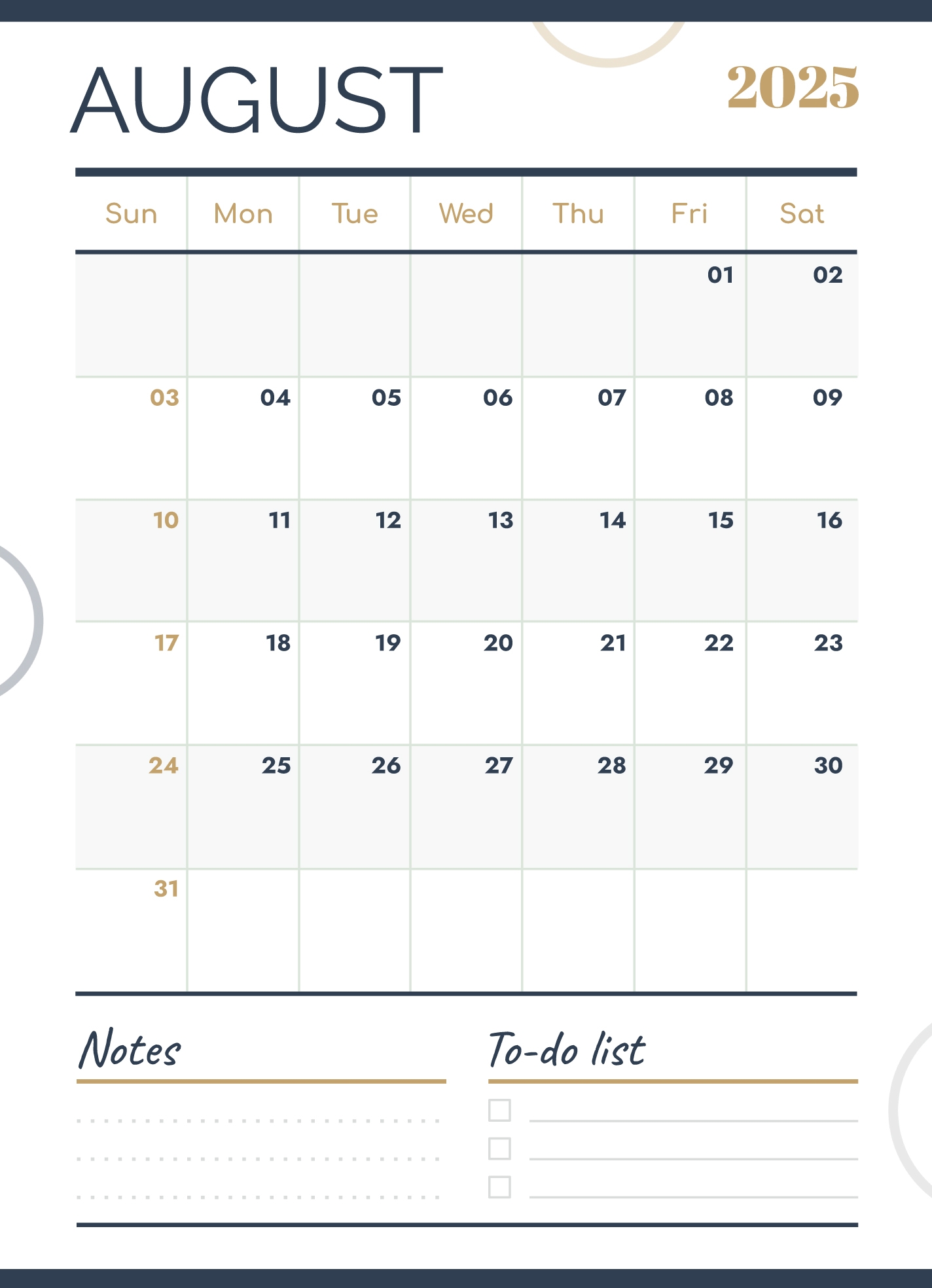 Blank Calendar For August 2025 Printable