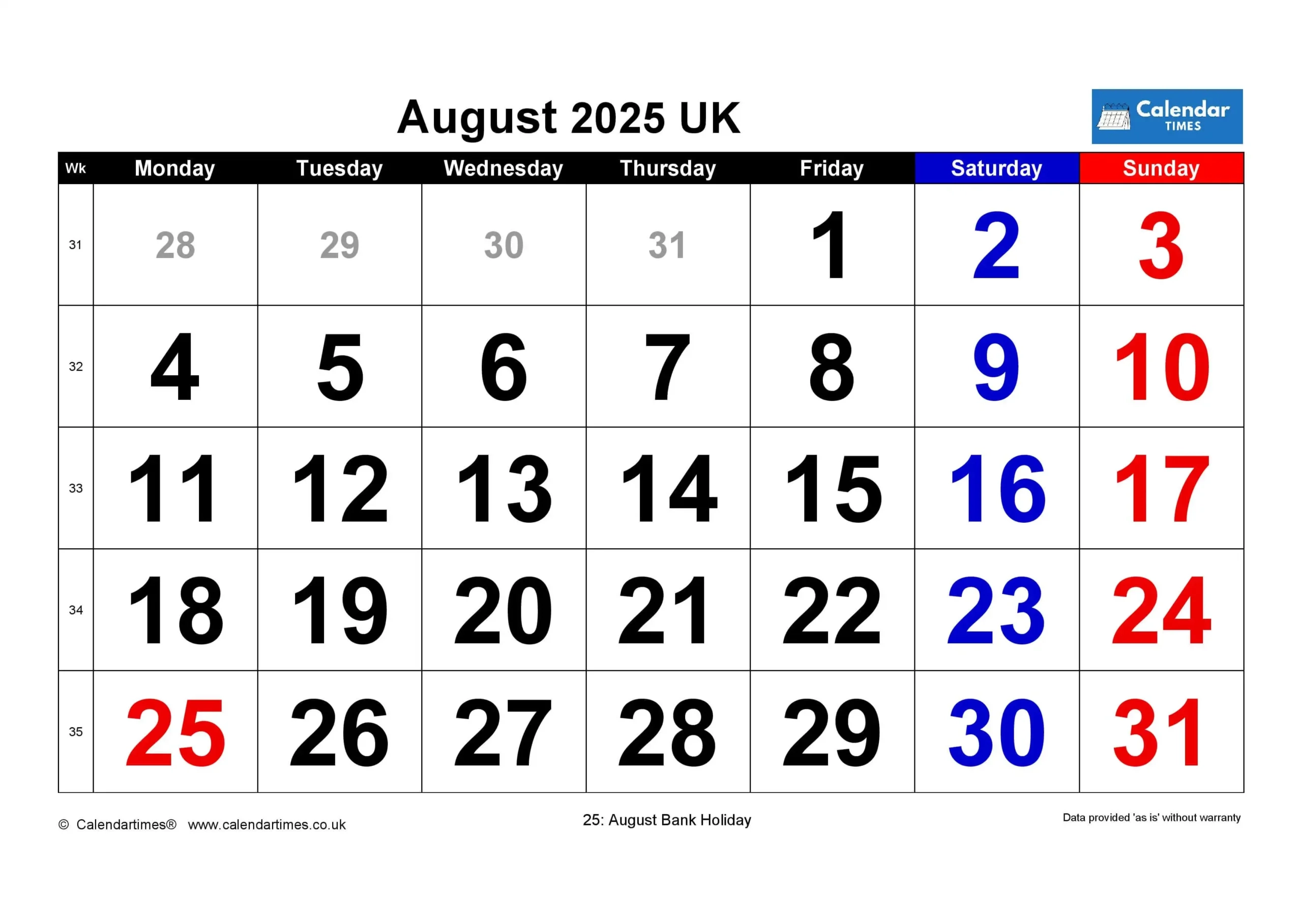 Blank Month Of August 2025 Calendar