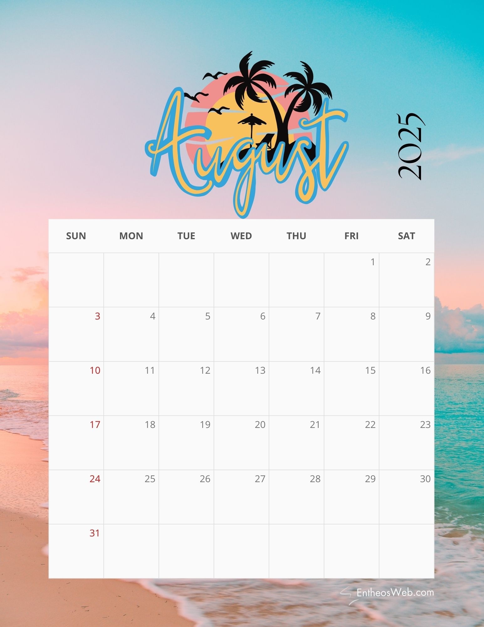 Blank Calendar Printable August 2025