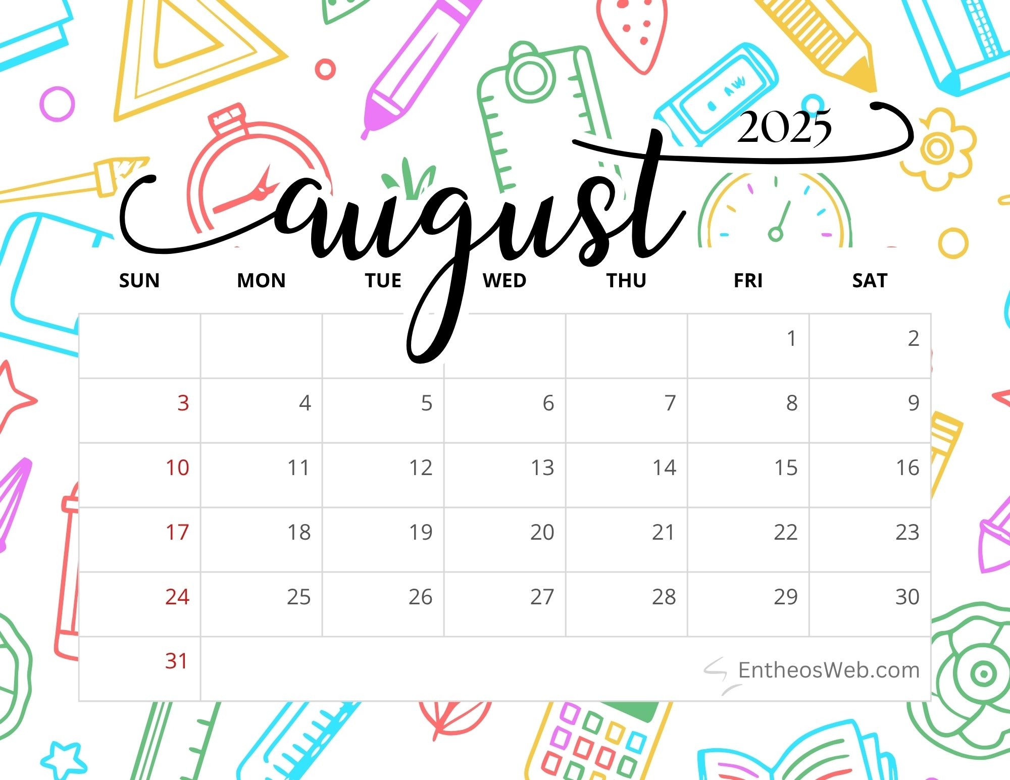 Blank Monthly Calendar 2025 August