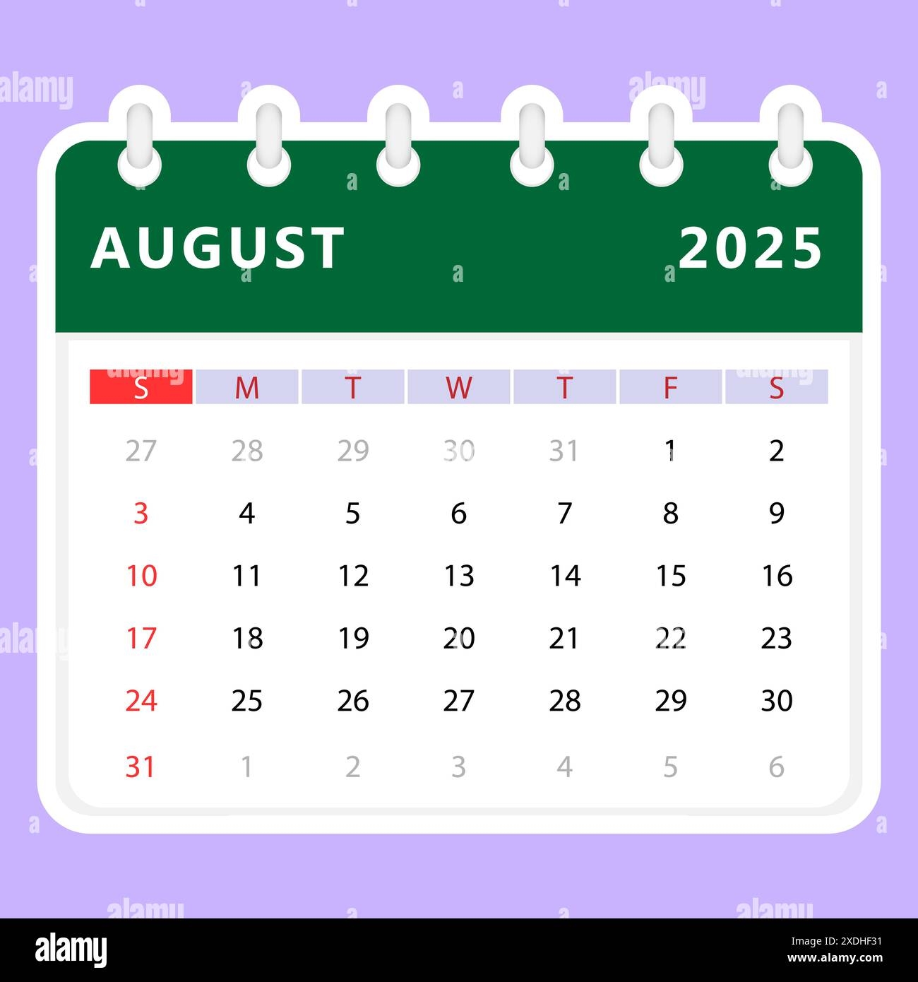 August 2025 Calendar Sunday Start Vector Design Stock Vector Image Art Alamy
