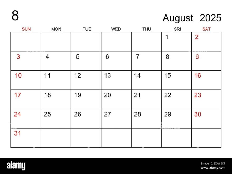 August 2025 Calendar Template On White Paper Background Stock Photo Alamy