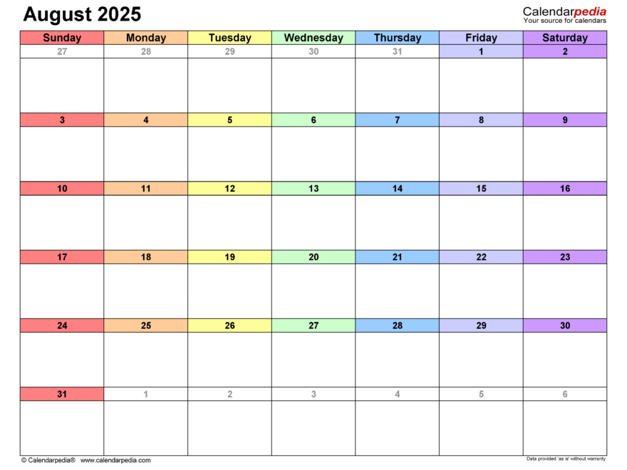 August 2025 Calendar Templates For PDF Excel And Word