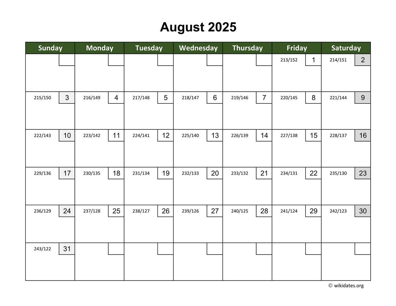 Calendar August 2025 Blank