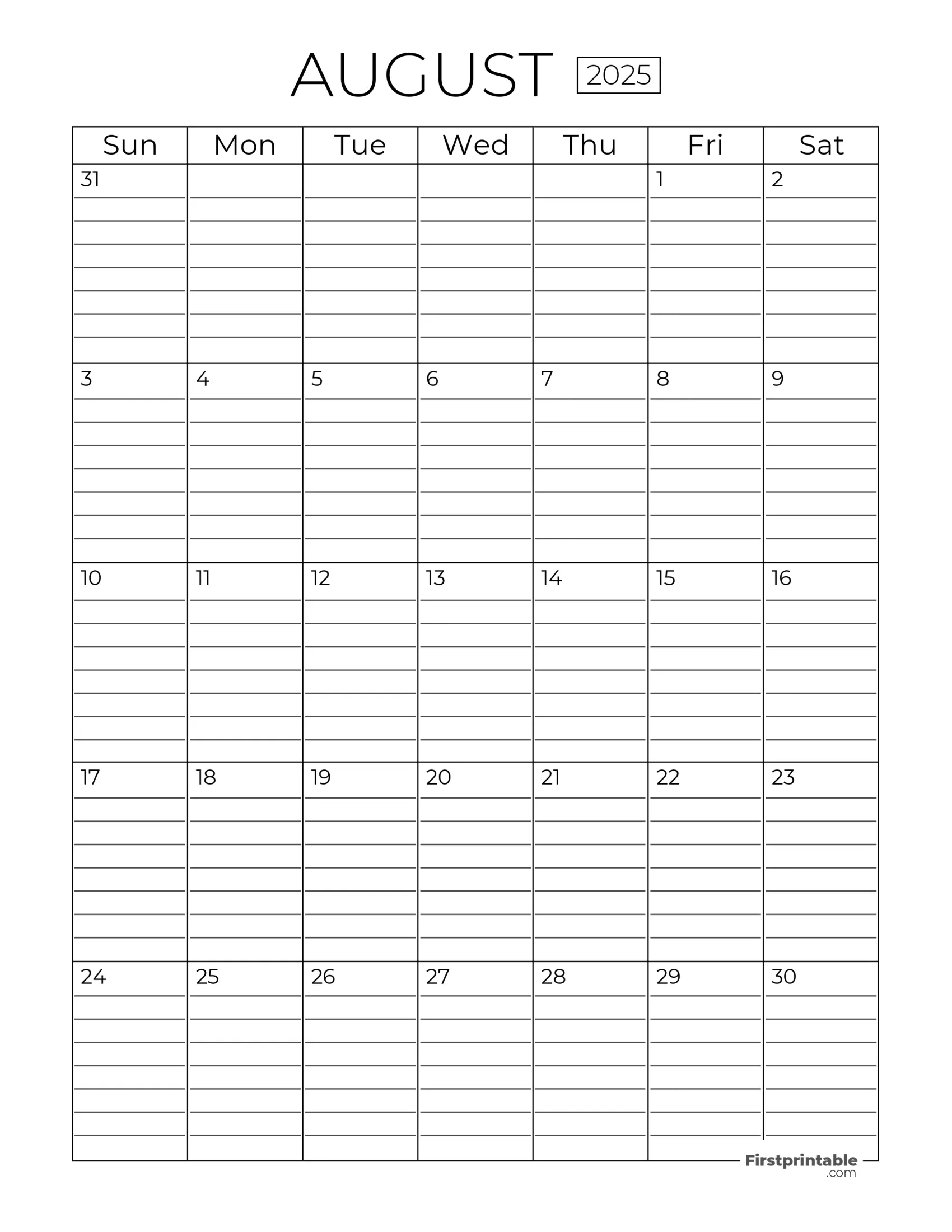 August 2025 Calendars Free Printable Fillable