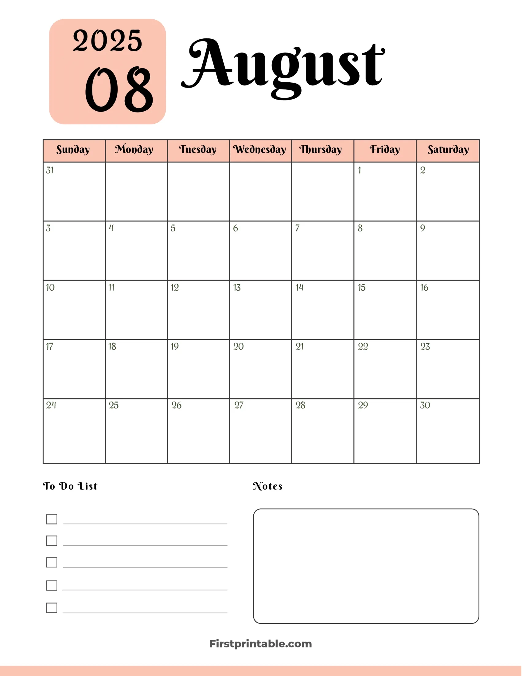 August 2025 Calendars Free Printable Fillable