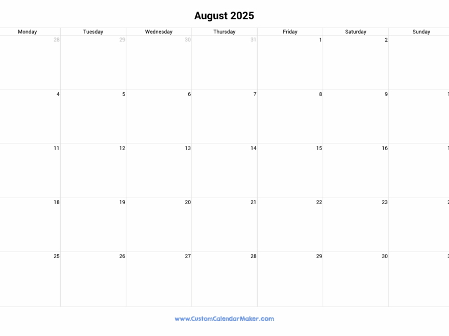 August 2025 Monday Start Calendar Monday To Sunday Custom Calendar Maker
