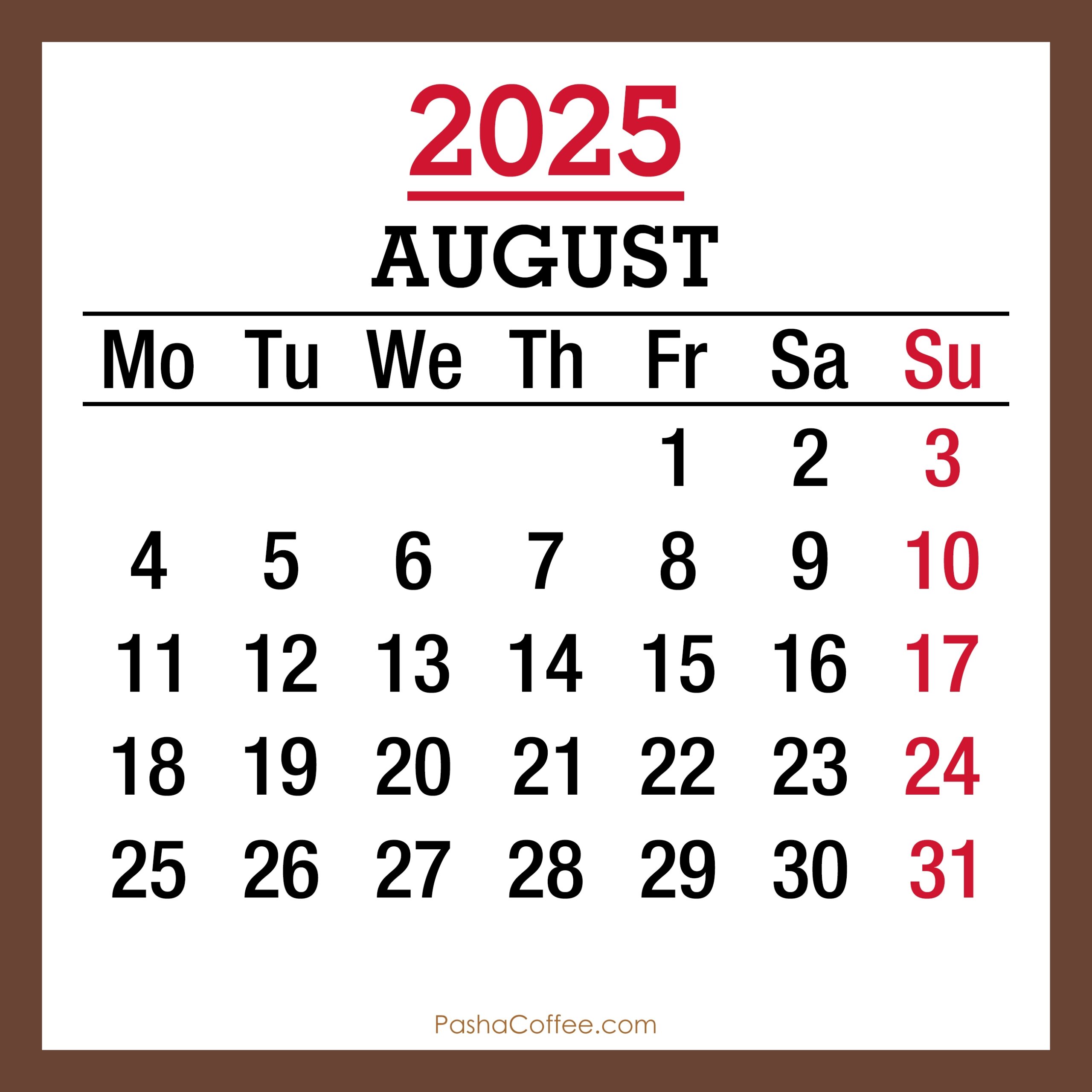 August Blank Calendars 2025 With Holidays