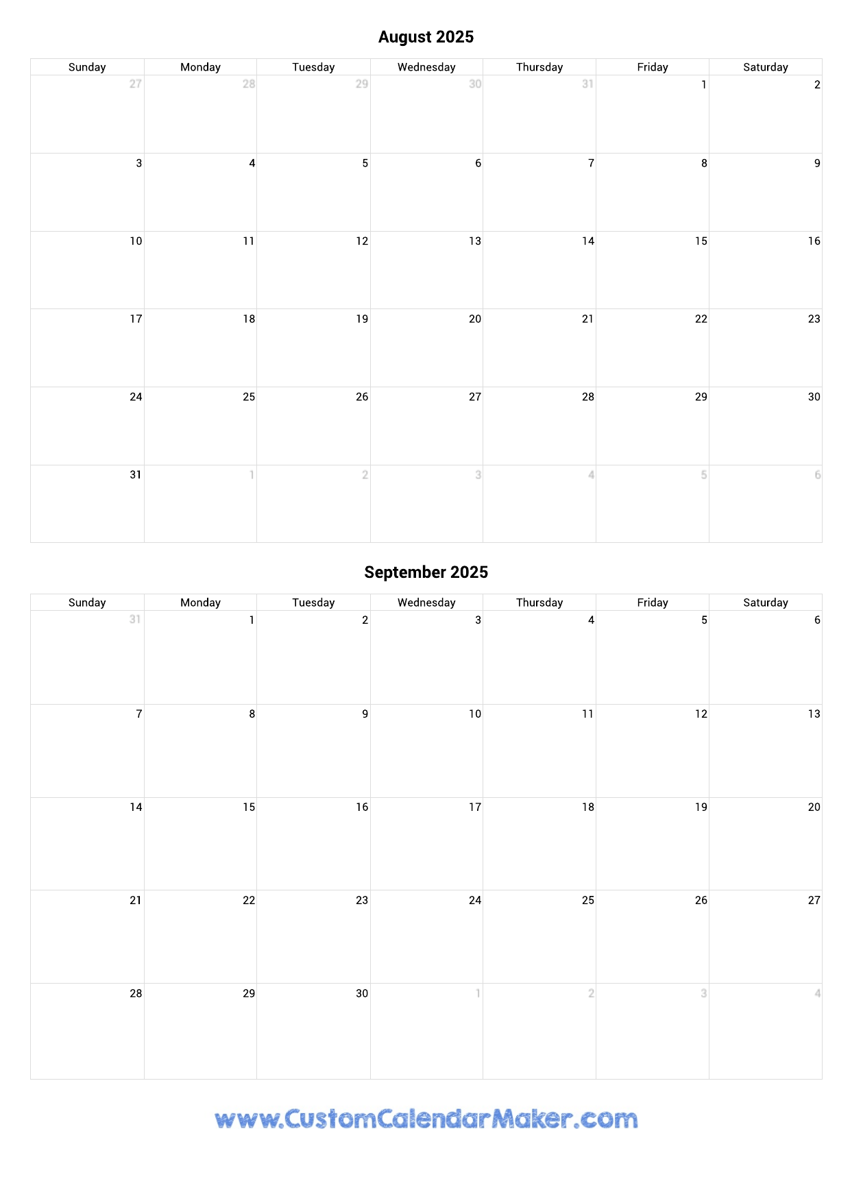 August And September 2025 Calendar Custom Calendar Maker