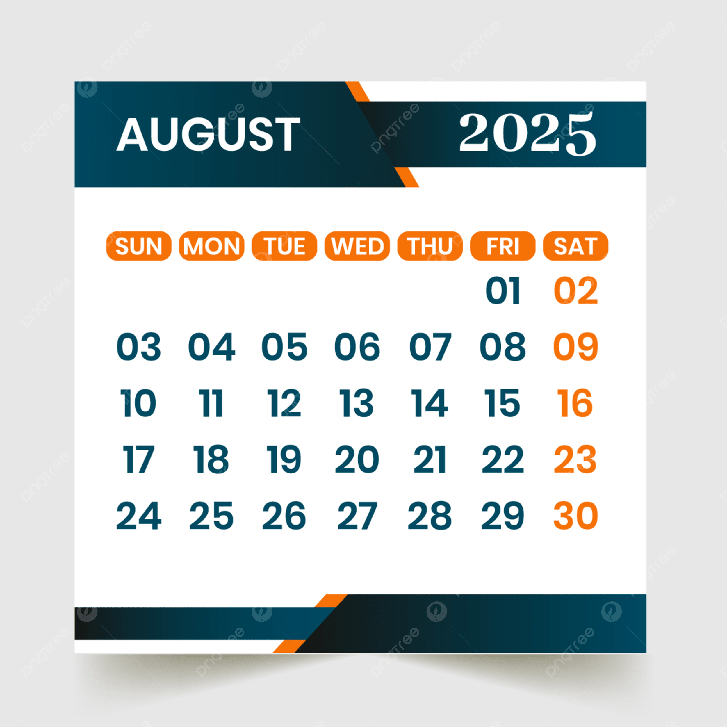 August Month Calendar 2025 Vector Template Download On Pngtree