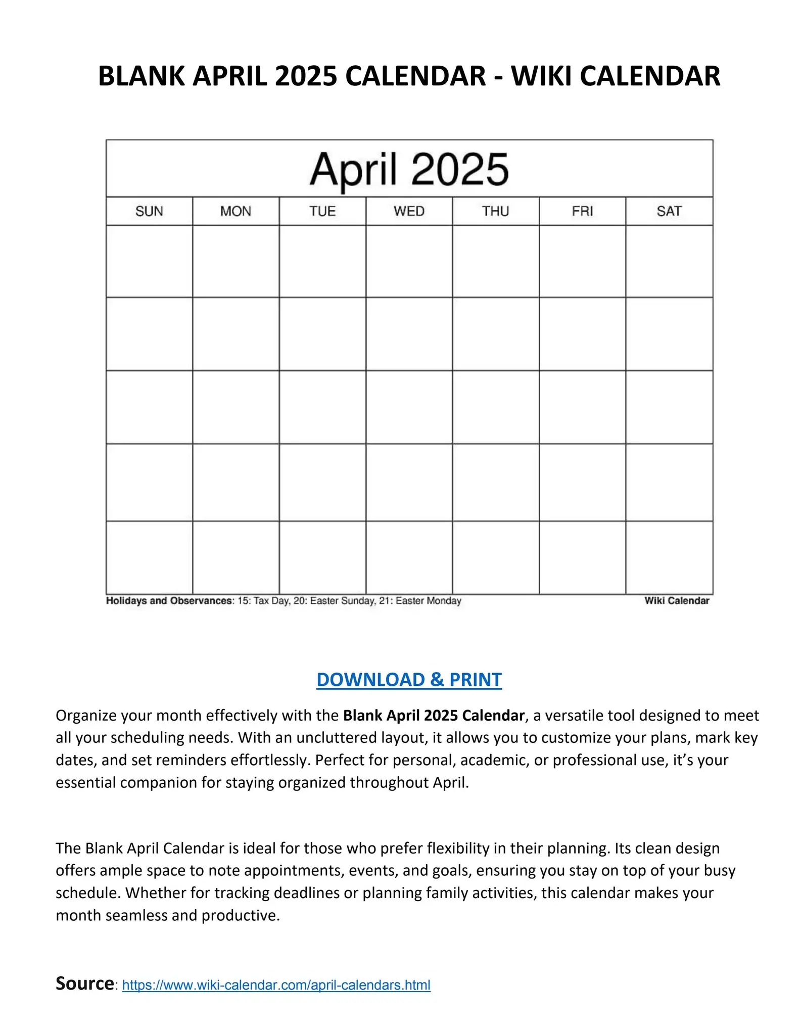 Blank April 2025 Calendar Wiki Calendar By Wiki Calendar Issuu