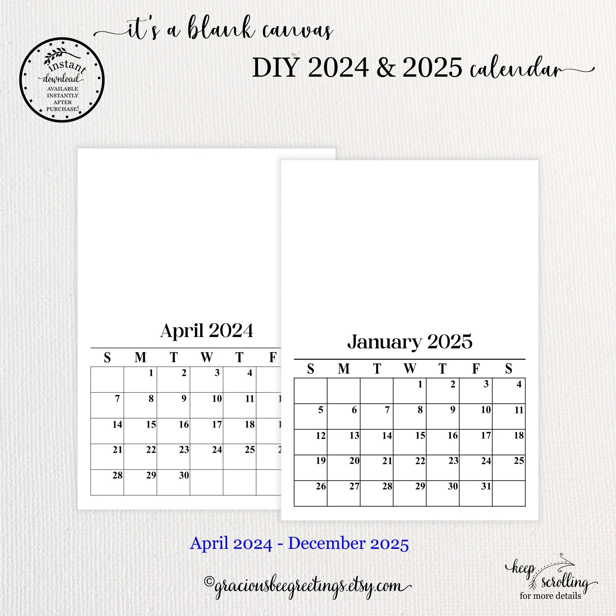 Blank Calendar Template 2024 2025 2024 2025 DIY 5x7 Crafting Calendar Printable Blank Calendar Cards Scarpbooking Printable Calendar Etsy Israel