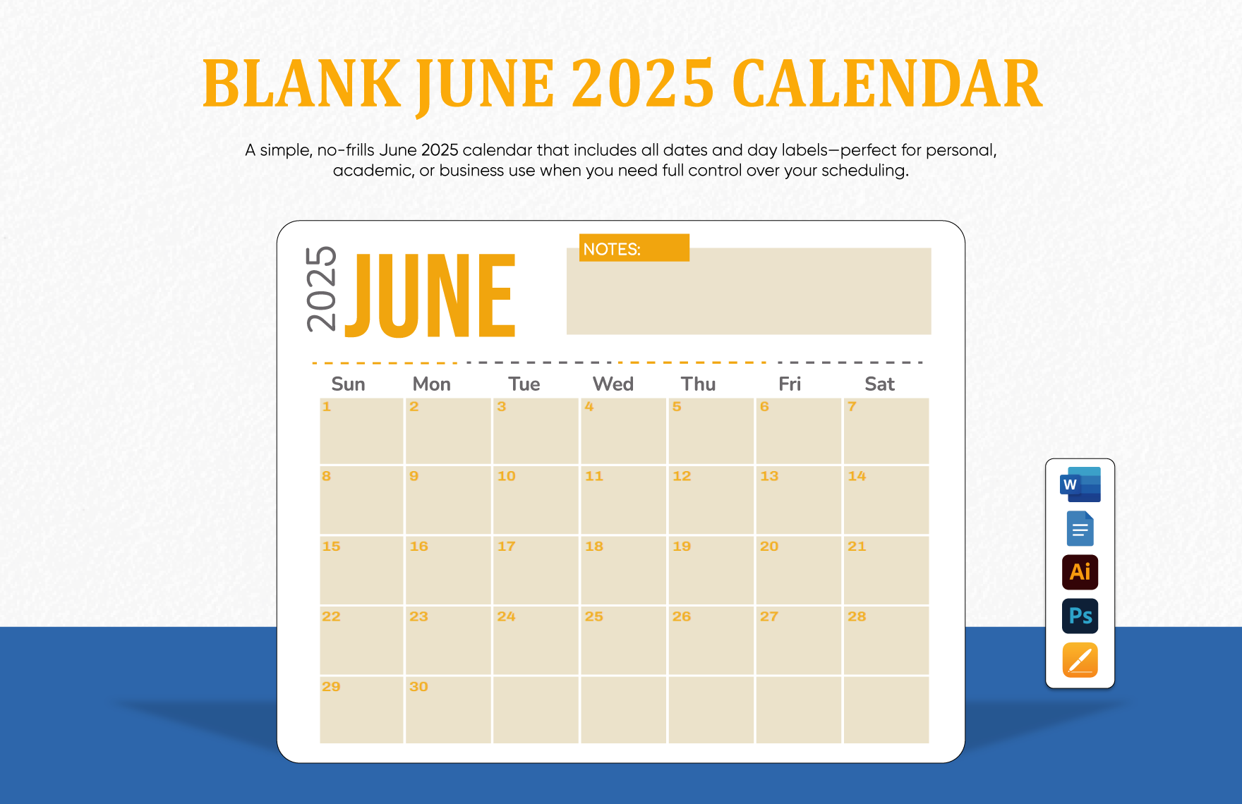 Blank June 2025 Calendar Template In PSD Illustrator Word Apple Pages Google Docs To Download Template