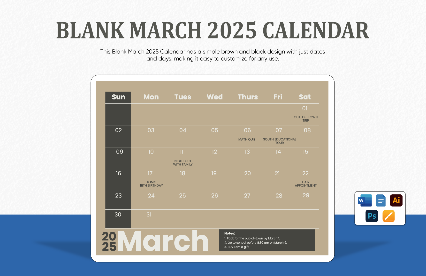 Blank March 2025 Calendar Template In PSD Word Illustrator Apple Pages Google Docs To Download Template
