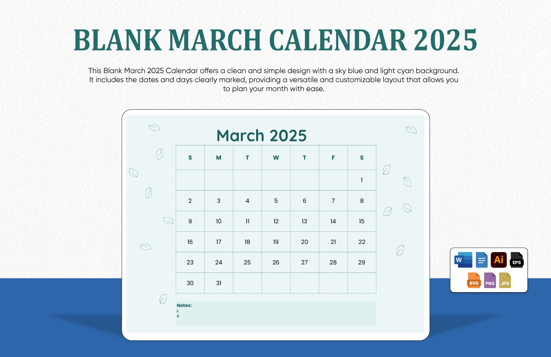 Blank March Calendar 2025 In Illustrator Word JPEG PNG Google Docs EPS SVG To Download Template