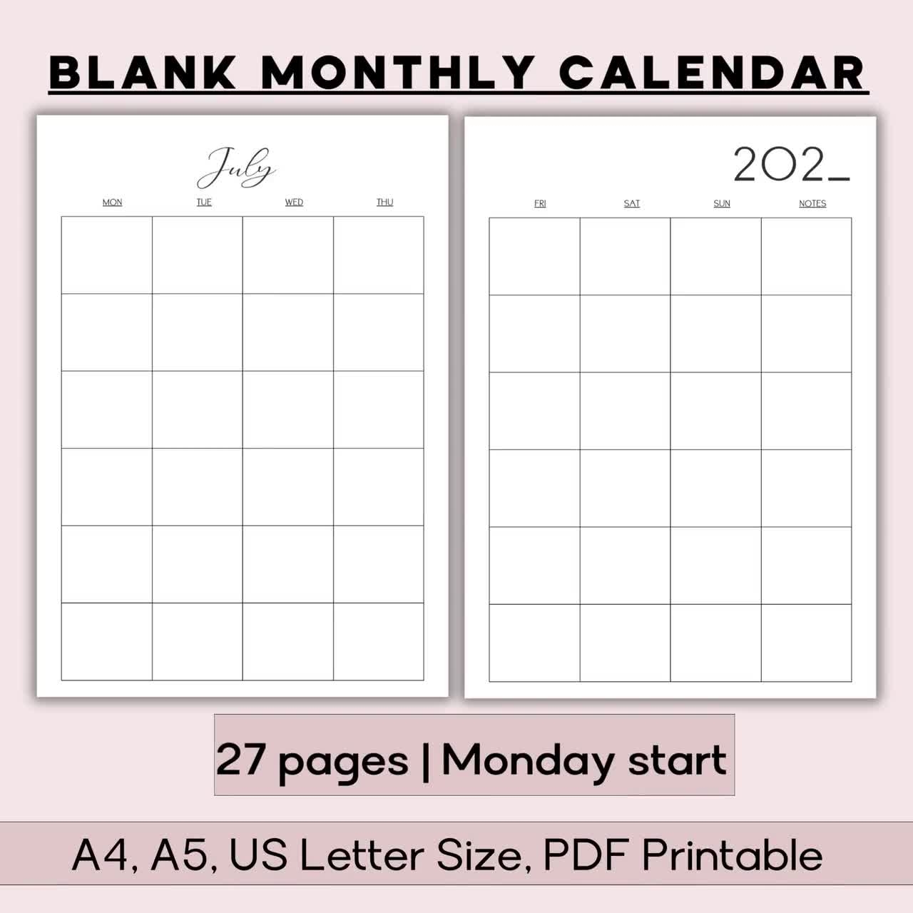 Blank Month In Two Pages Calendar With Notes And Year At A Glance 2024 2025 And 2026 Month At A Glance Calendar Etsy