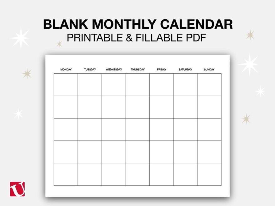 Blank Monthly Printable Calendar Undated Minimalist Calendar Template Landscape Monday sunday Start Printable Fillable PDF Calendar Etsy