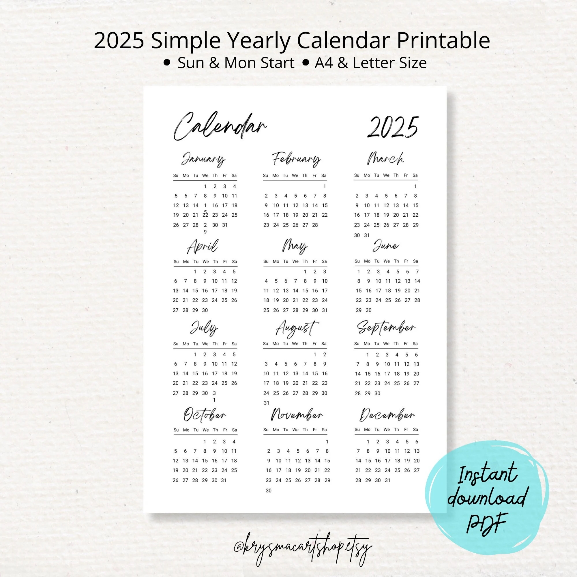 Buy 2025 Calendar 2025 Yearly Calendar 2025 Simple Yearly Calendar Monday Sunday Start A4 And Letter Size PDF File Online In India Etsy