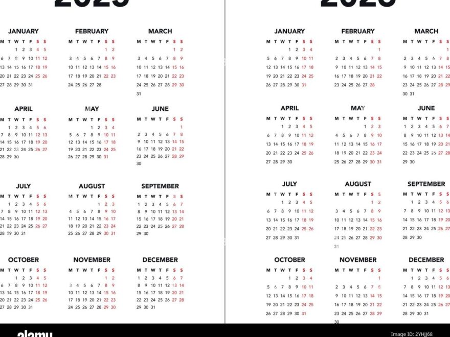 Calendar 2025 And 2026 Vector Templates Start Monday Simple Design Stock Vector Image Art Alamy