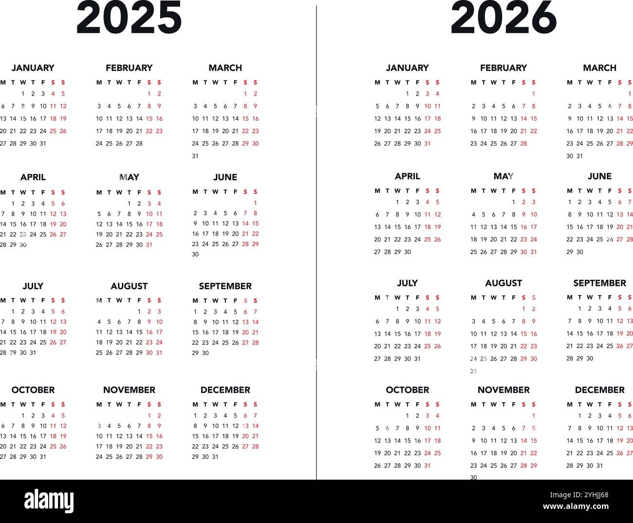 Calendar 2025 And 2026 Vector Templates Start Monday Simple Design Stock Vector Image Art Alamy