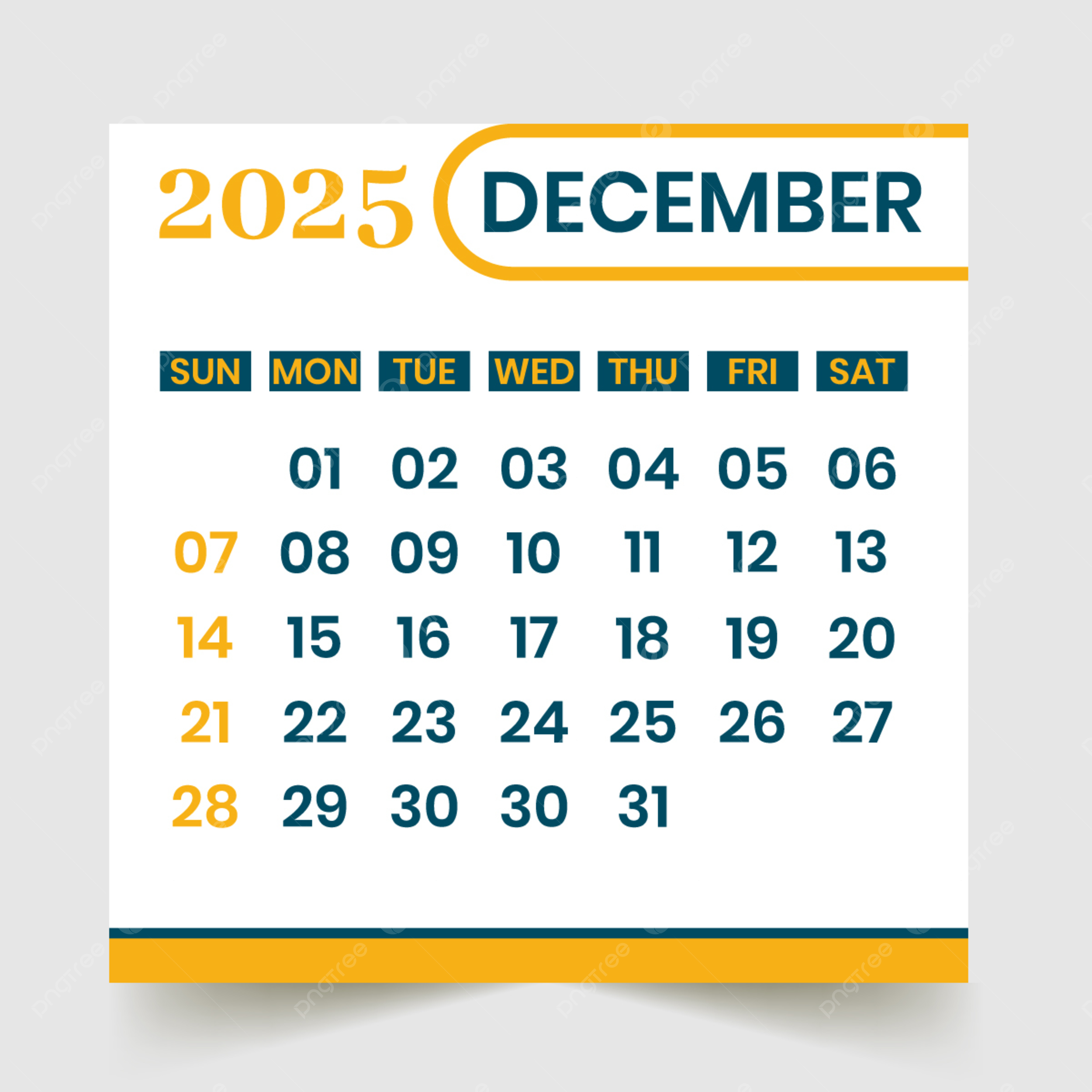 Calendar 2025 Month Of December Vector Template Download On Pngtree