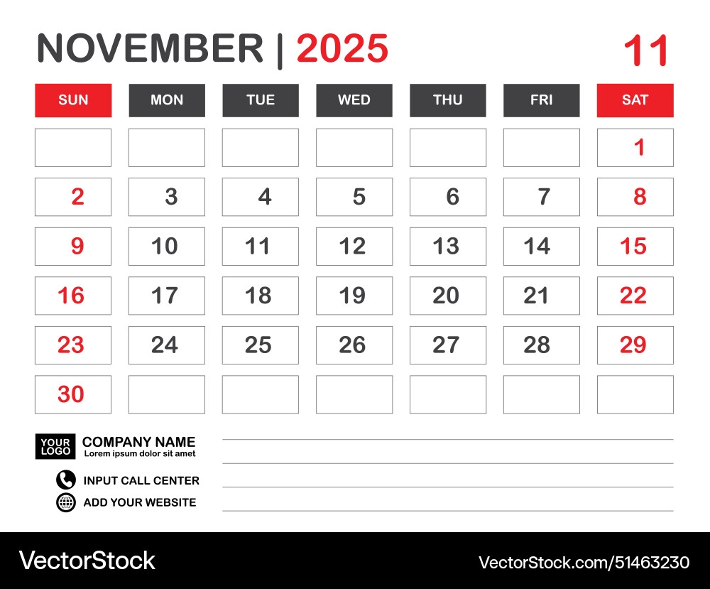 Calendar 2025 Template November Layout Royalty Free Vector