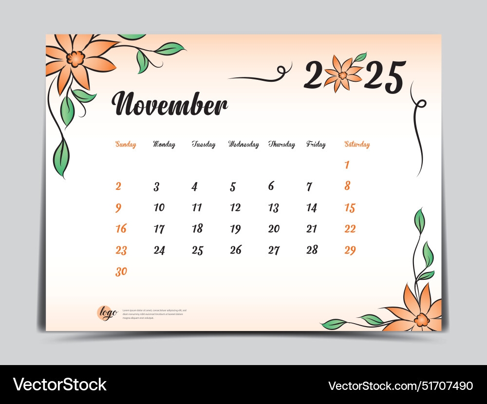 Calendar 2025 Template On Flowers Background Nov Vector Image