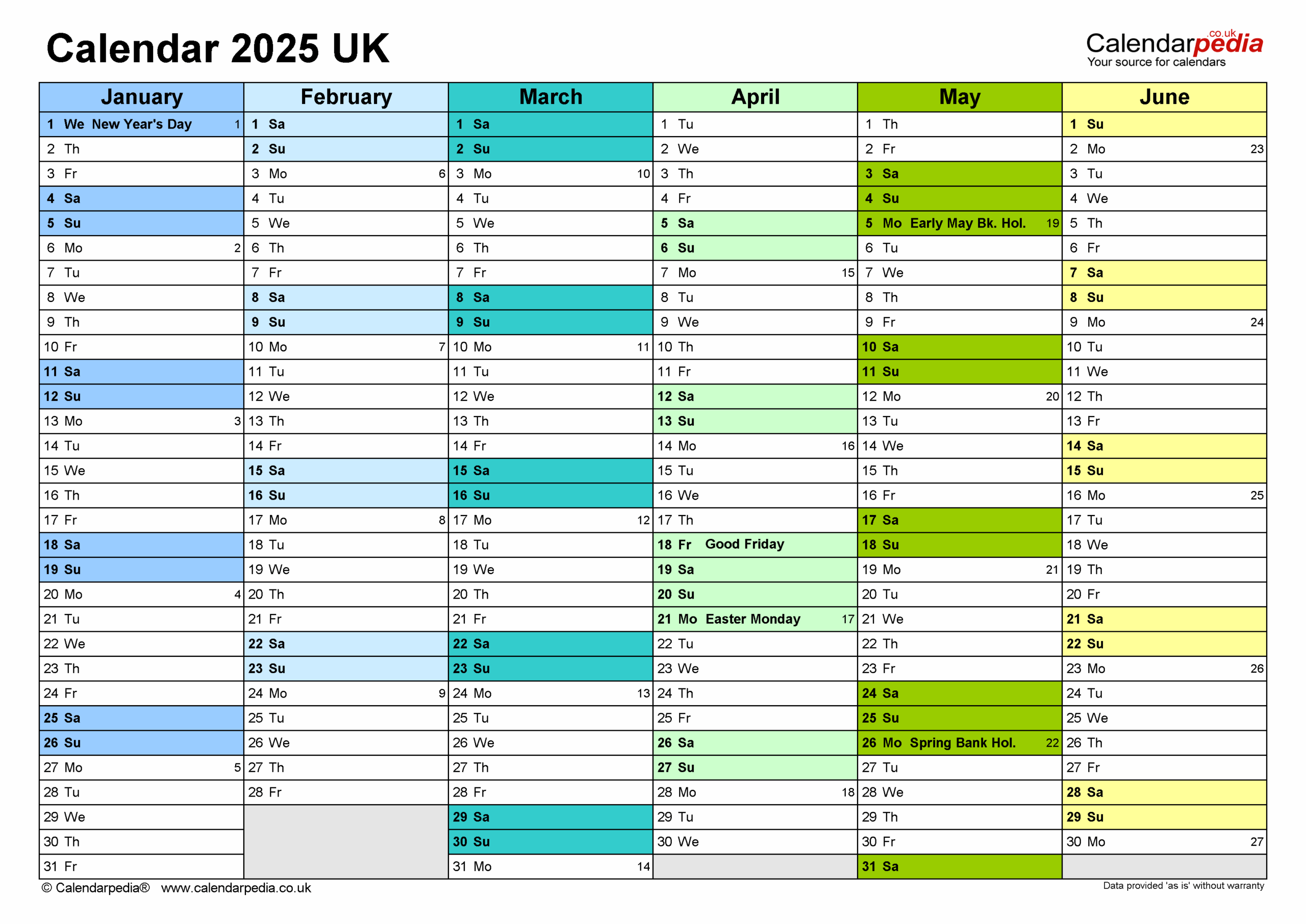 Blank 2025 Half Year Calendar