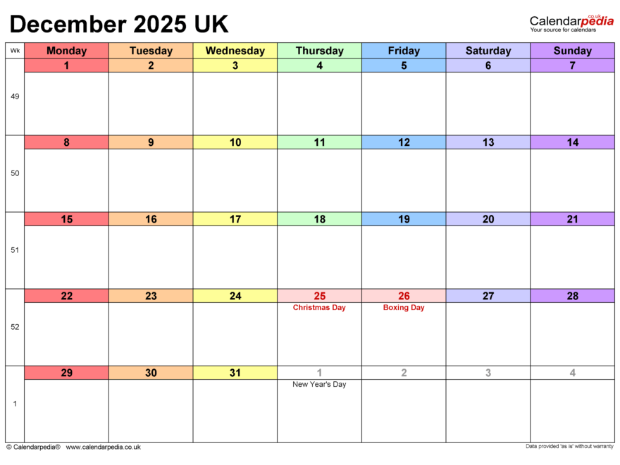 Calendar December 2025 UK With PDF Excel And Word Templates