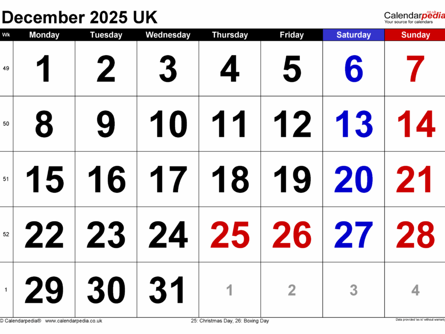 Calendar December 2025 UK With PDF Excel And Word Templates