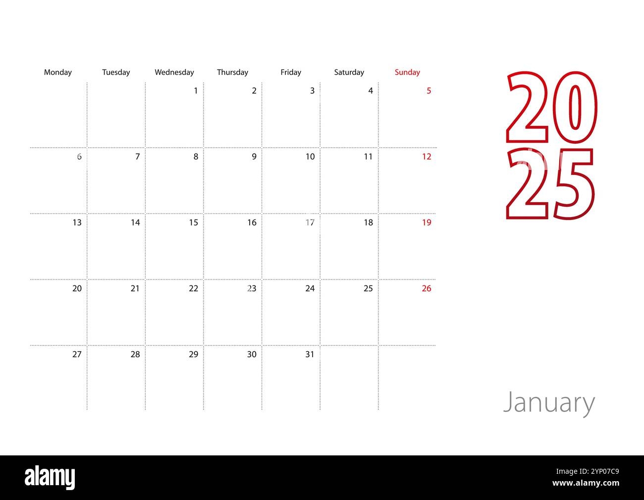 Calendar For January 2025 In Modern Design Planner Template Vector Calendar 2025 Stock Vector Image Art Alamy