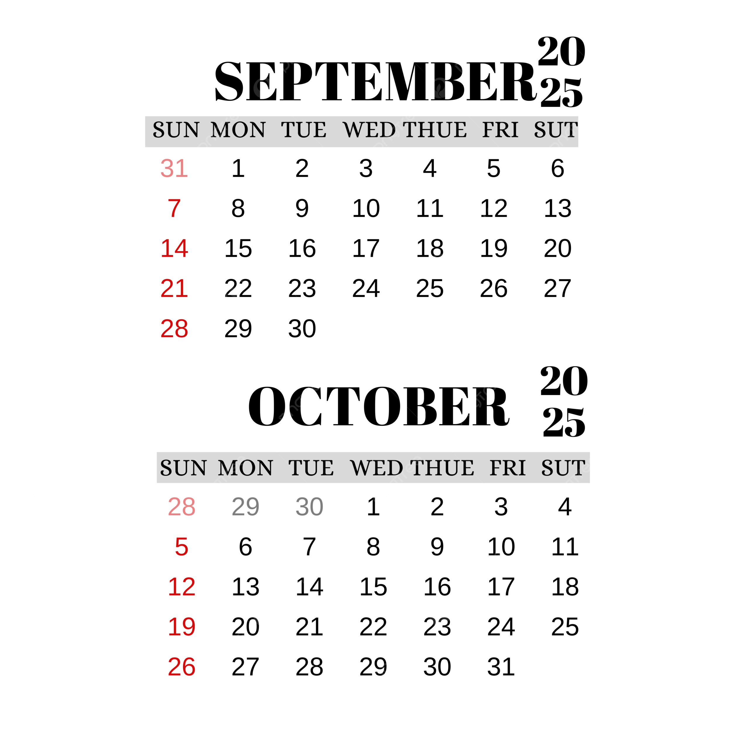 Calendar Month September October 2025 Transparent Calendar 2025 September 2025 Calendar October Calendar 2025 PNG Transparent Clipart Image And PSD File For Free Download