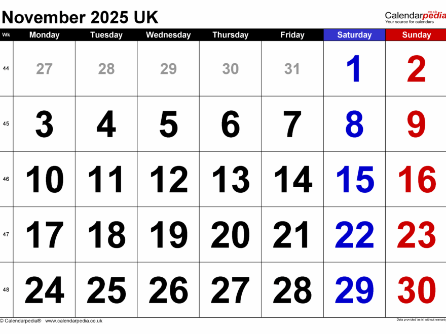 Calendar November 2025 UK With PDF Excel And Word Templates