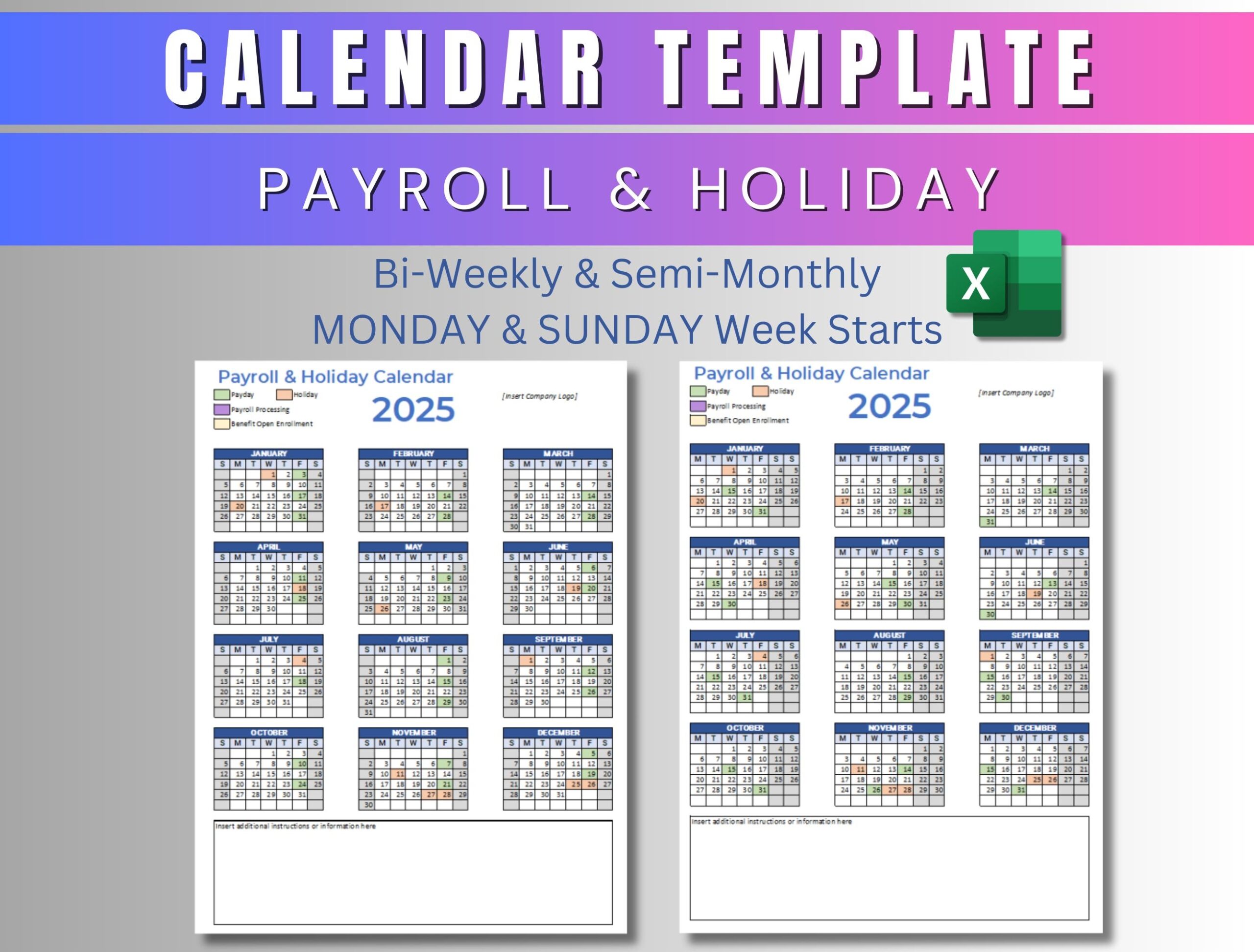 Calendar Template Excel Annual Payroll Calendar 2024 2025 Etsy