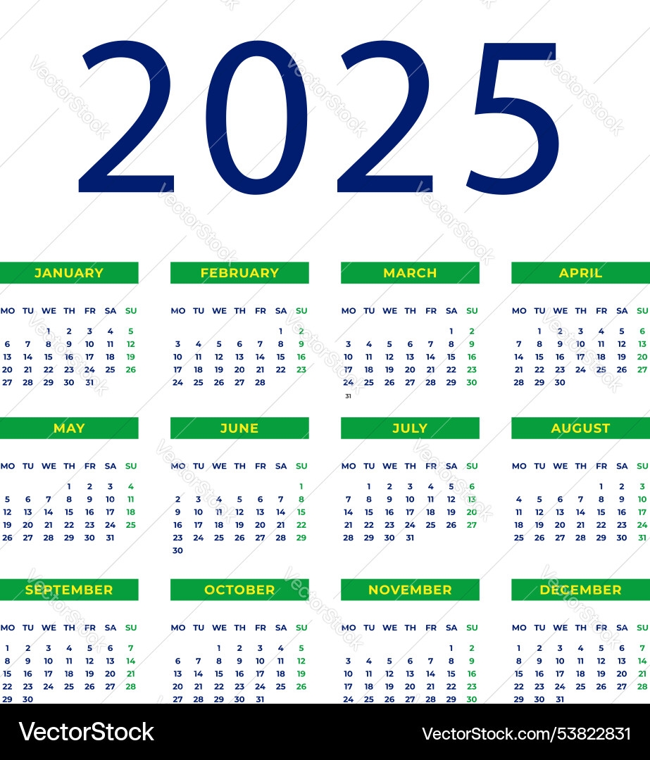 Calendar Template For 2025 Year With Monday Start Vector Image
