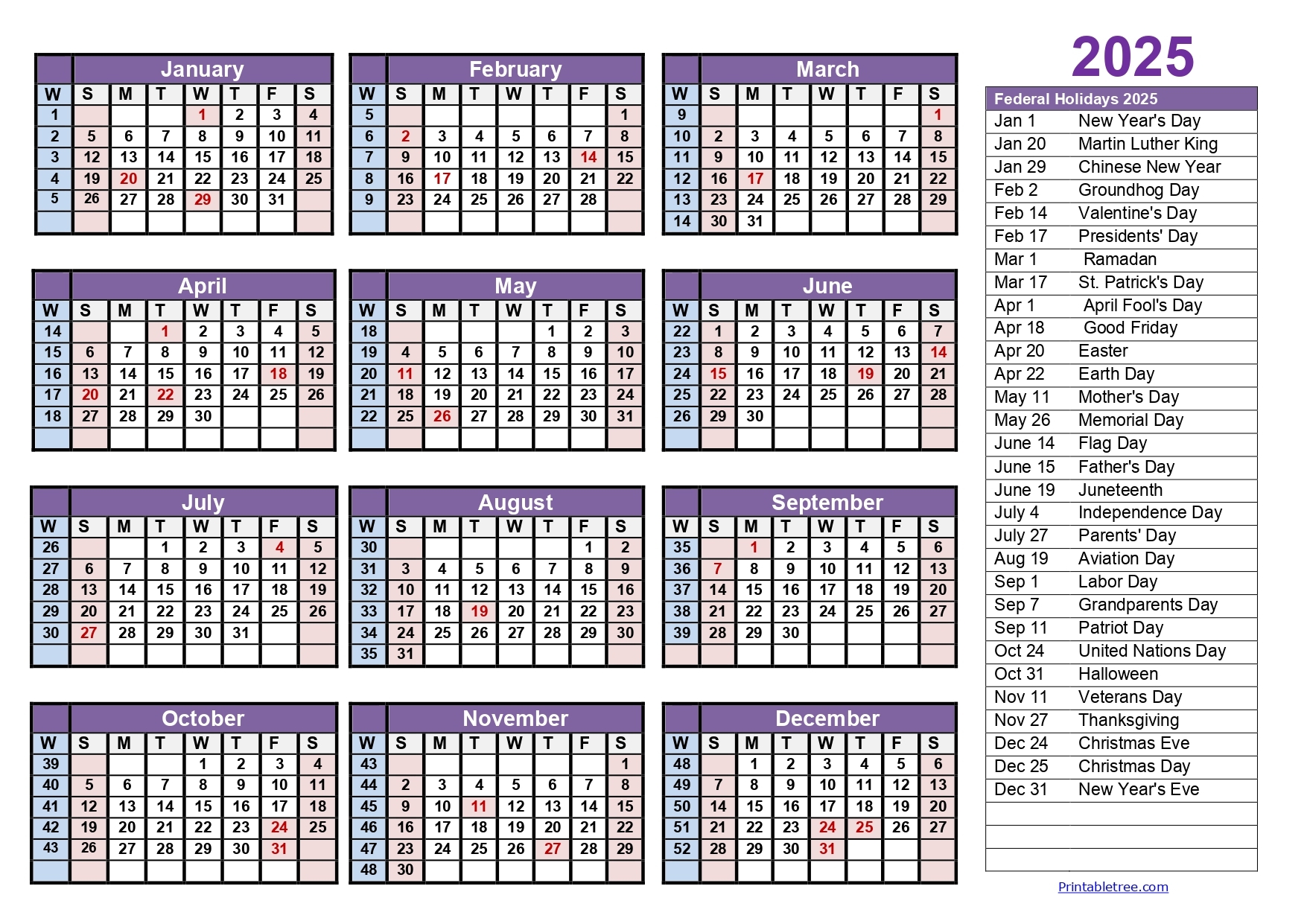 Blank Calendar 2025 No Week Numbers