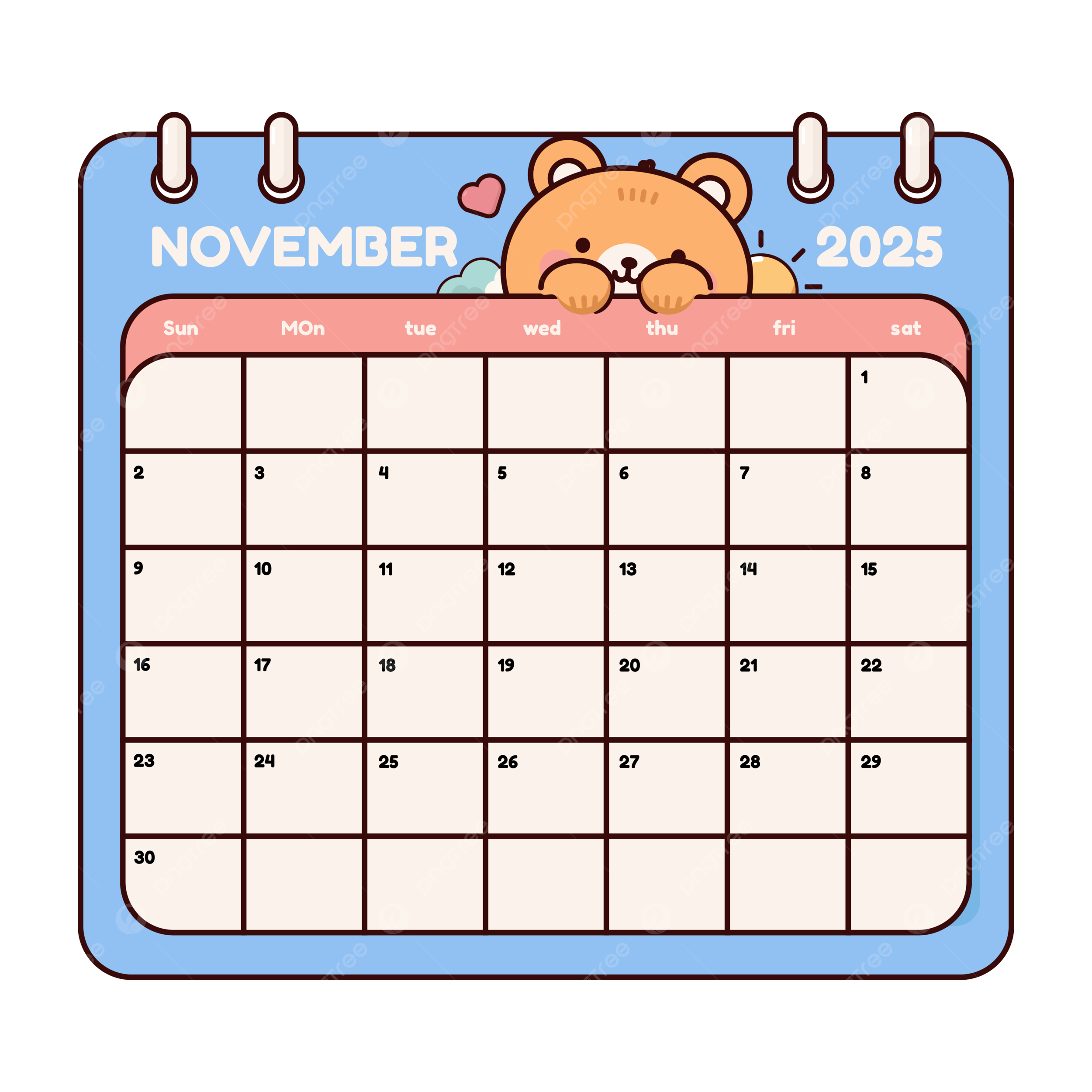 Cute Cartoon Bear November 2025 Calendar Page Wall Template Planner Diary In A Style Funny Character Isolated Vector Illustration Bear Clipart Cute Clipart Calendar Clipart PNG And Vector With Transparent Background For