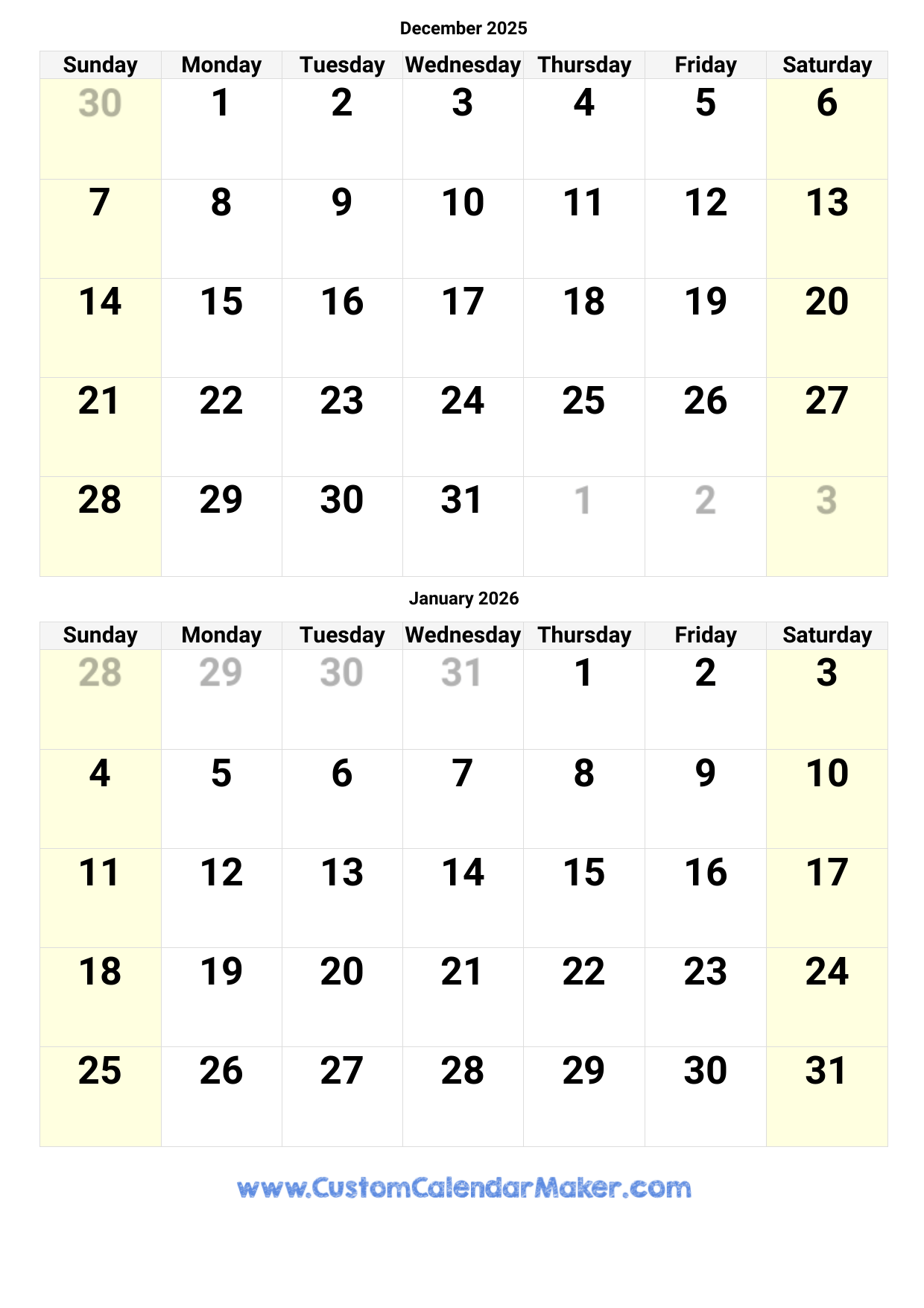 Free Blank Printable Calendar December 2025