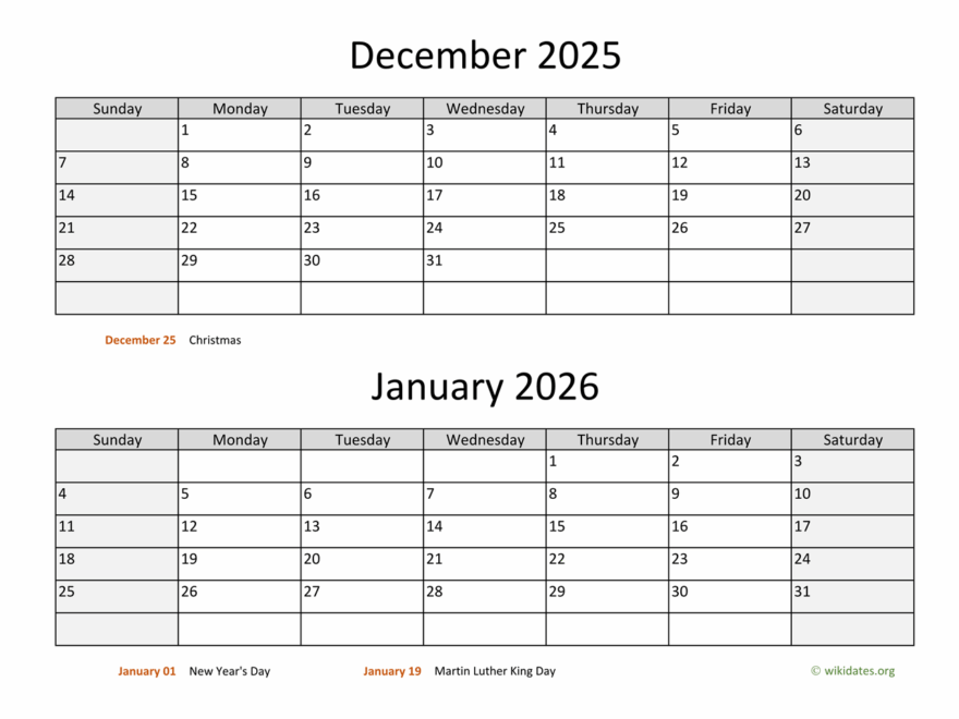 December 2025 And January 2026 Calendar WikiDates