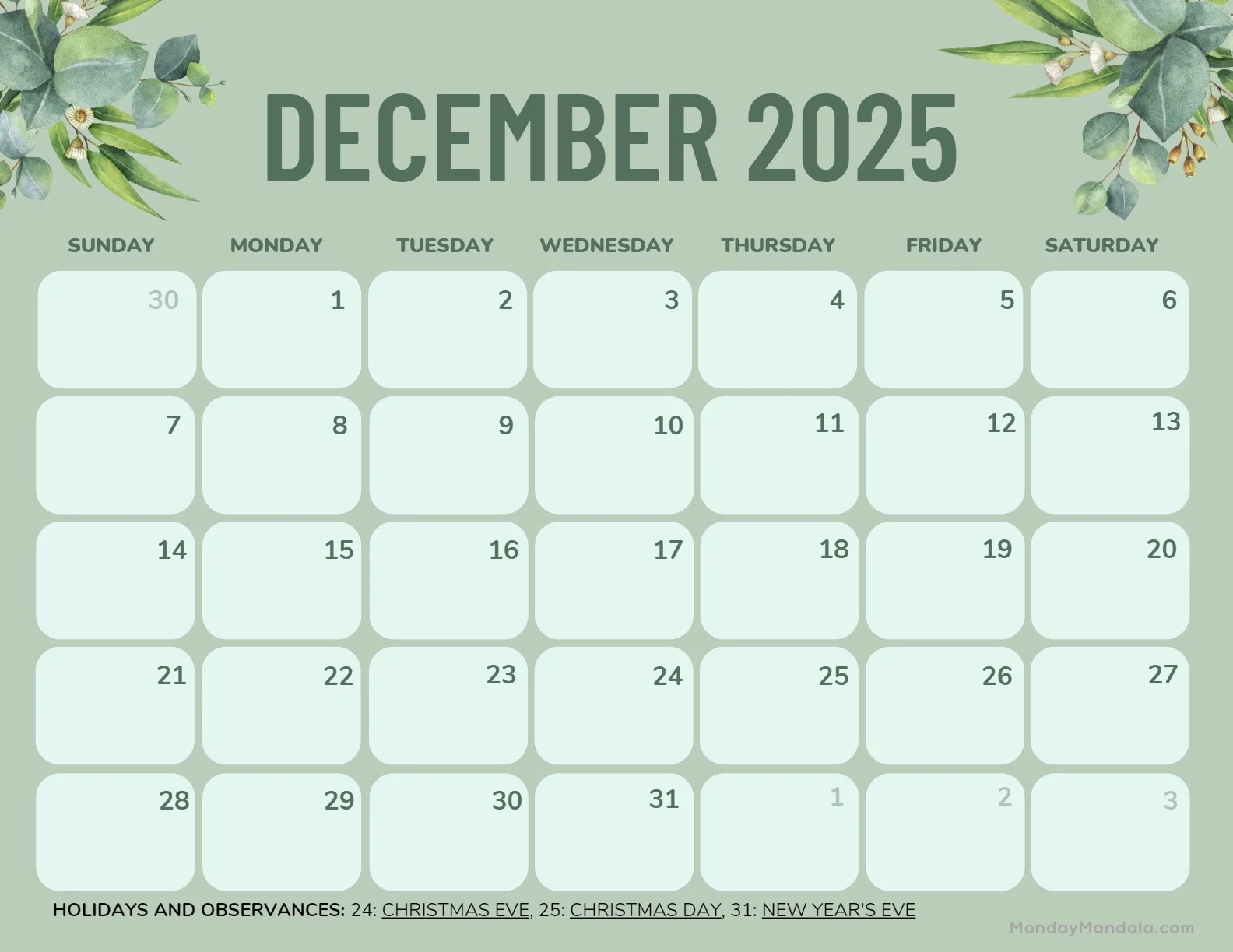 December 2025 Calendar 52 Free PDF Printables 