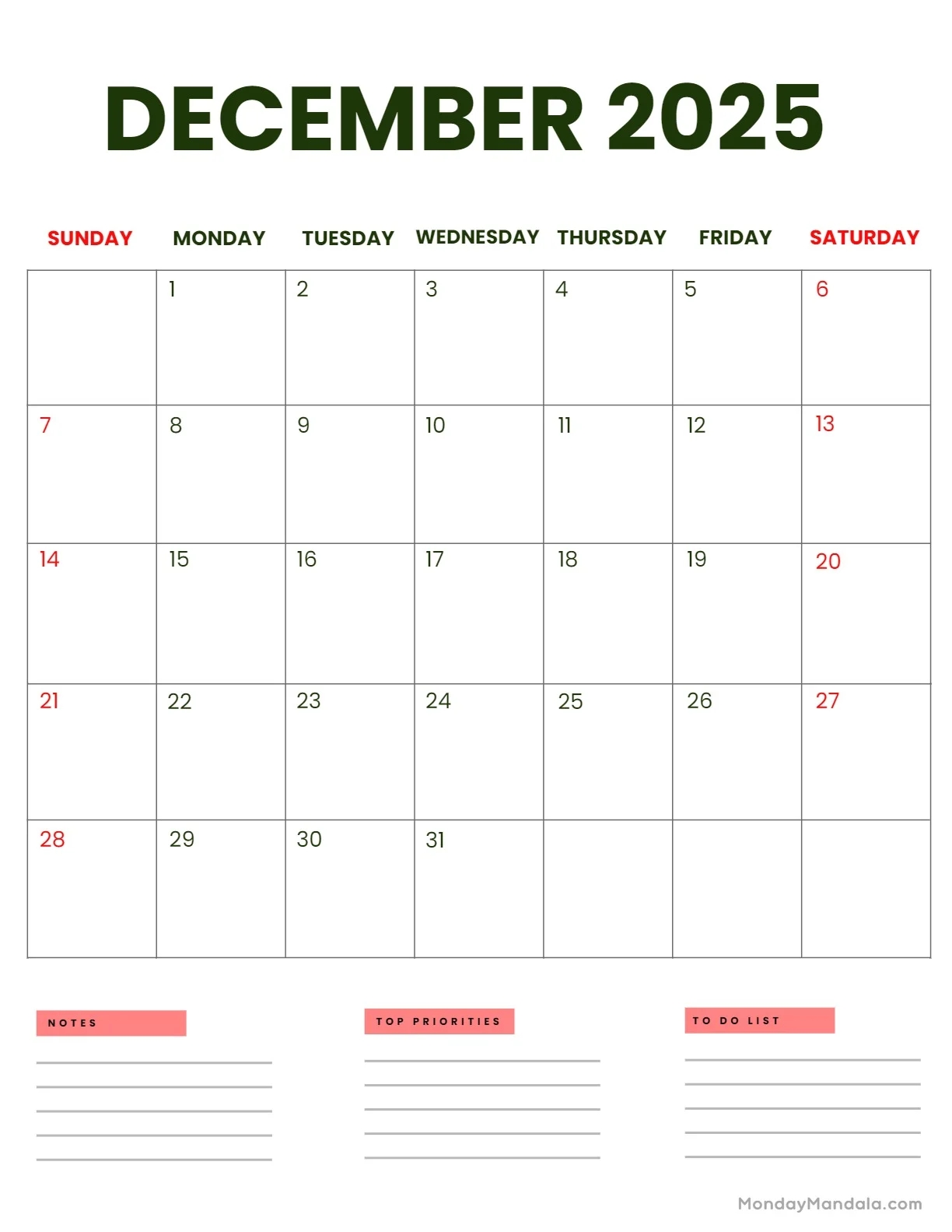 December 2025 Calendar 52 Free PDF Printables 